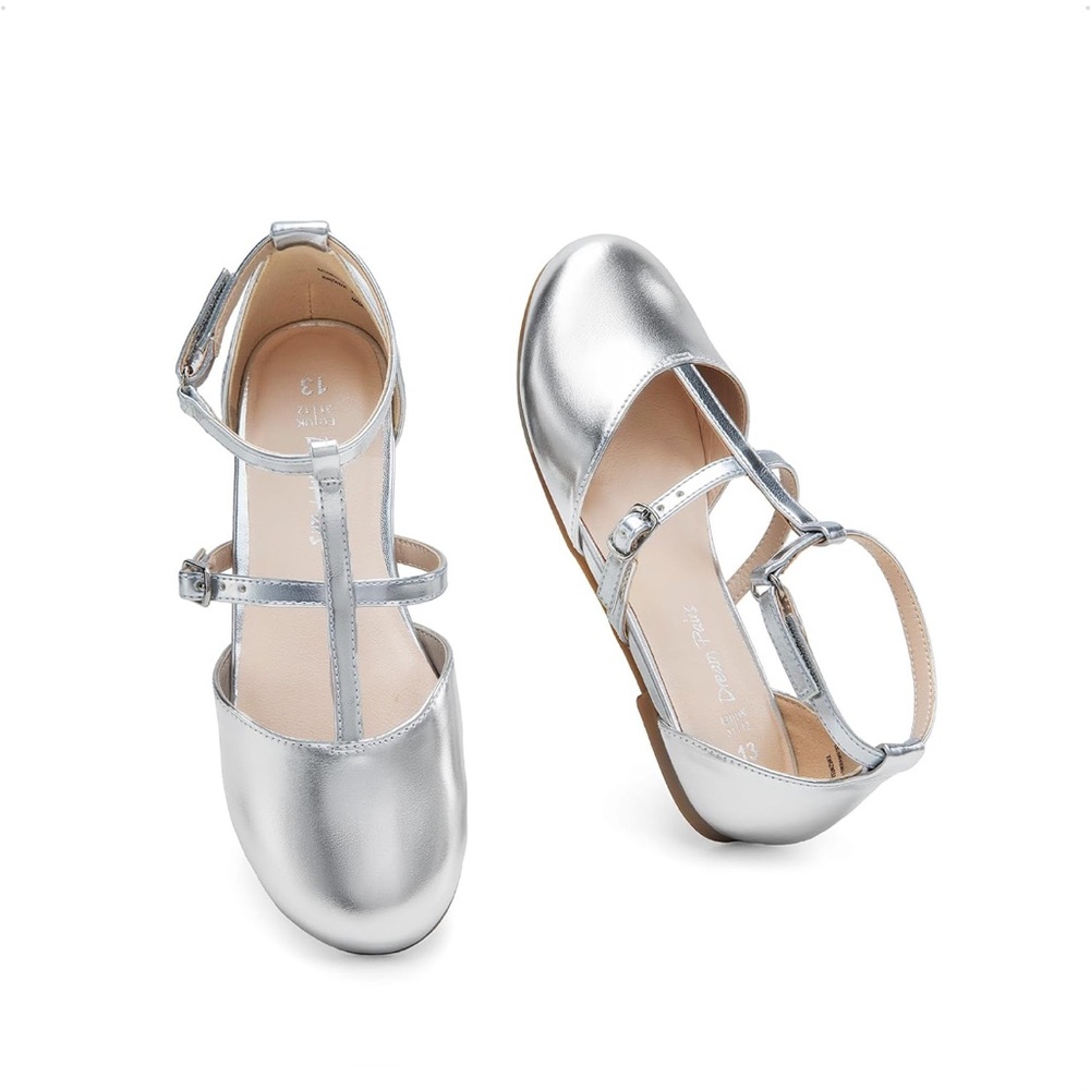 Dream Pairs Girls Metallic Silver T-Strap Dress Flats